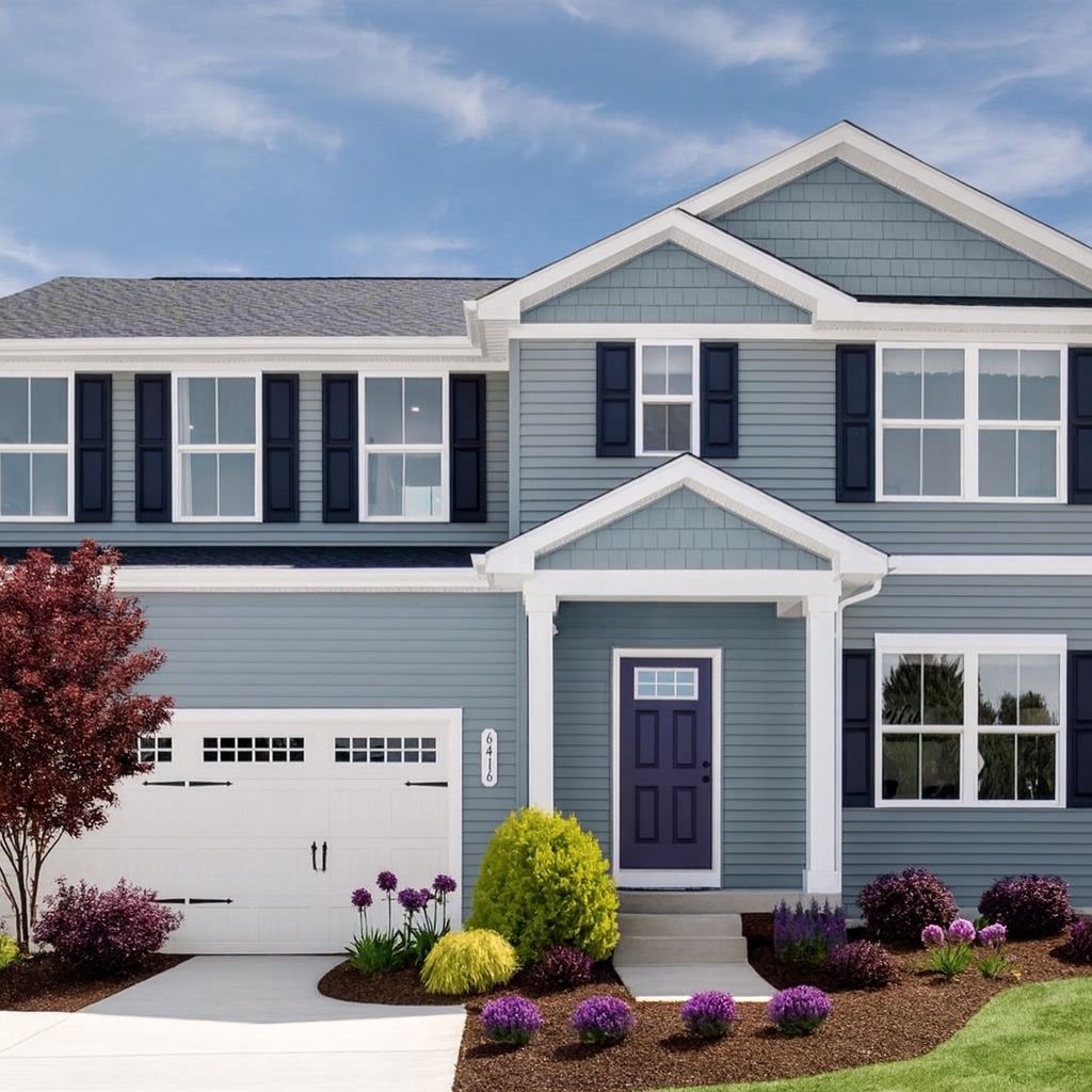 A new-construction home's yard designed with the Purple & Gold package